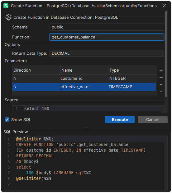 Create Function Dialog in DbVisualizer