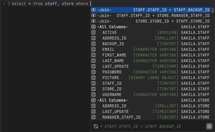 Screenshot showing auto completion for column names in SQL editor