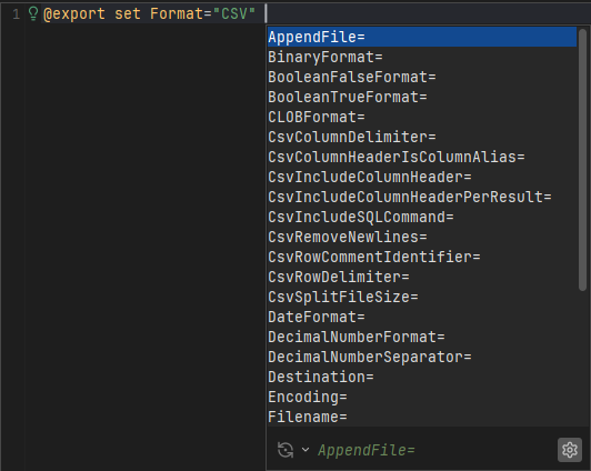 Screenshot showing auto completion for @export set command in SQL editor
