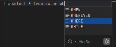 Screenshot of auto completion list showing keywords in SQL editor