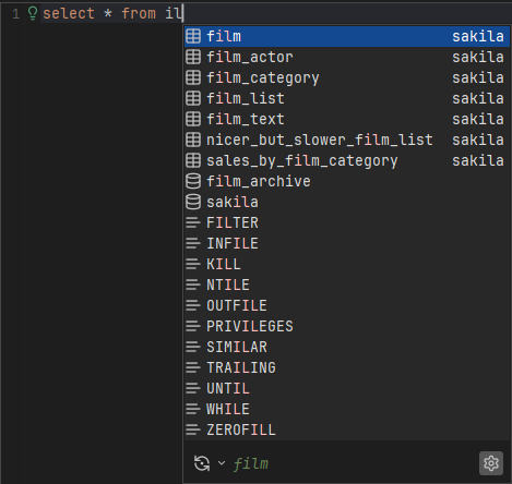 Screenshot of auto completion list showing tables and views in SQL editor