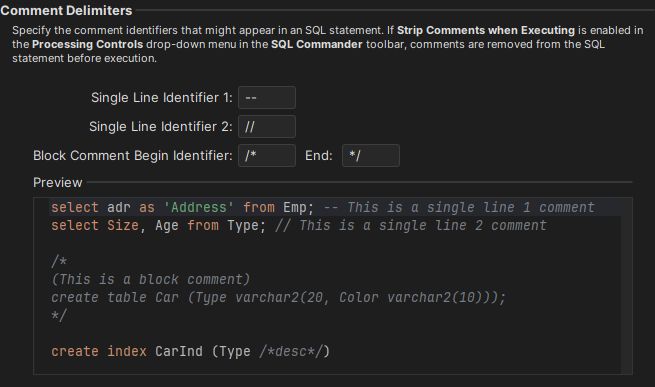 Screenshot of comment settings in SQL Commander editor