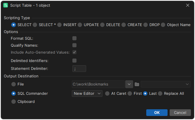 Screenshot of dialog box for dragging and dropping database objects in SQL editor