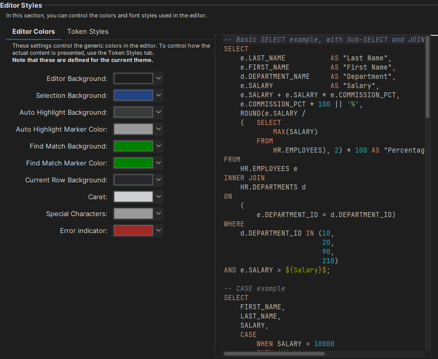 Screenshot of SQL editor styles settings