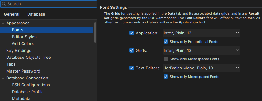 Screenshot of font settings in SQL Commander editor