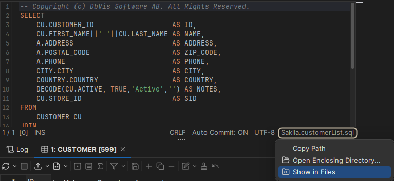 Screenshot highlighting how to navigate to script location in SQL editor