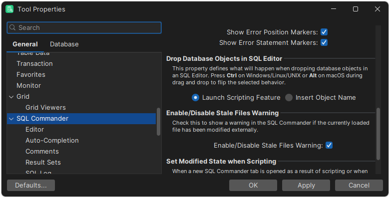 Screenshot of stale file warning settings in Tool Properties