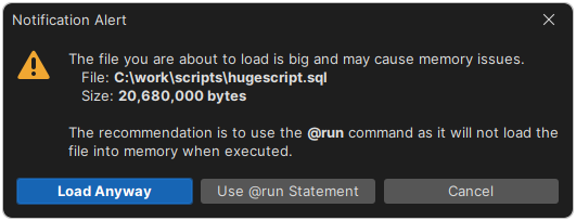 DbVisualizer suggesting @run command for large files