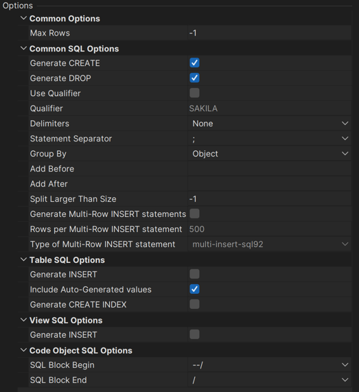 options for SQL
