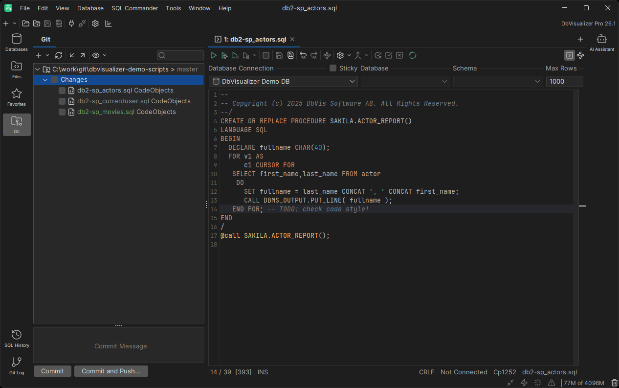 Overview of the Git tab in DbVisualizer