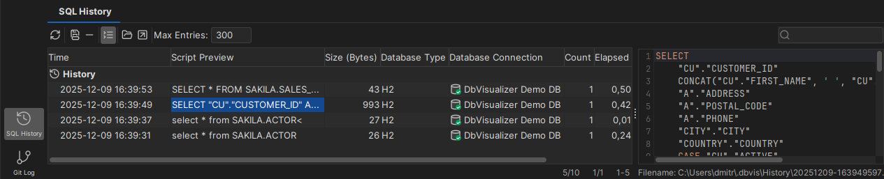 Screenshot of the SQL History interface