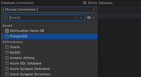 Database selection screenshot in DbVisualizer