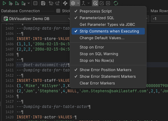 Screenshot of SQL Commander Options Toggle