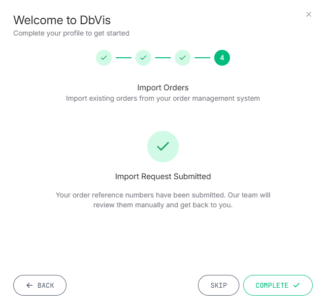 Final onboarding step with the Complete button highlighted, ready to finish setup