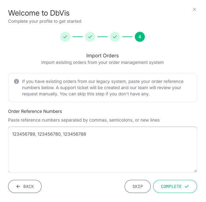 Onboarding Step 4: Import existing orders, with a field for pasting order reference numbers