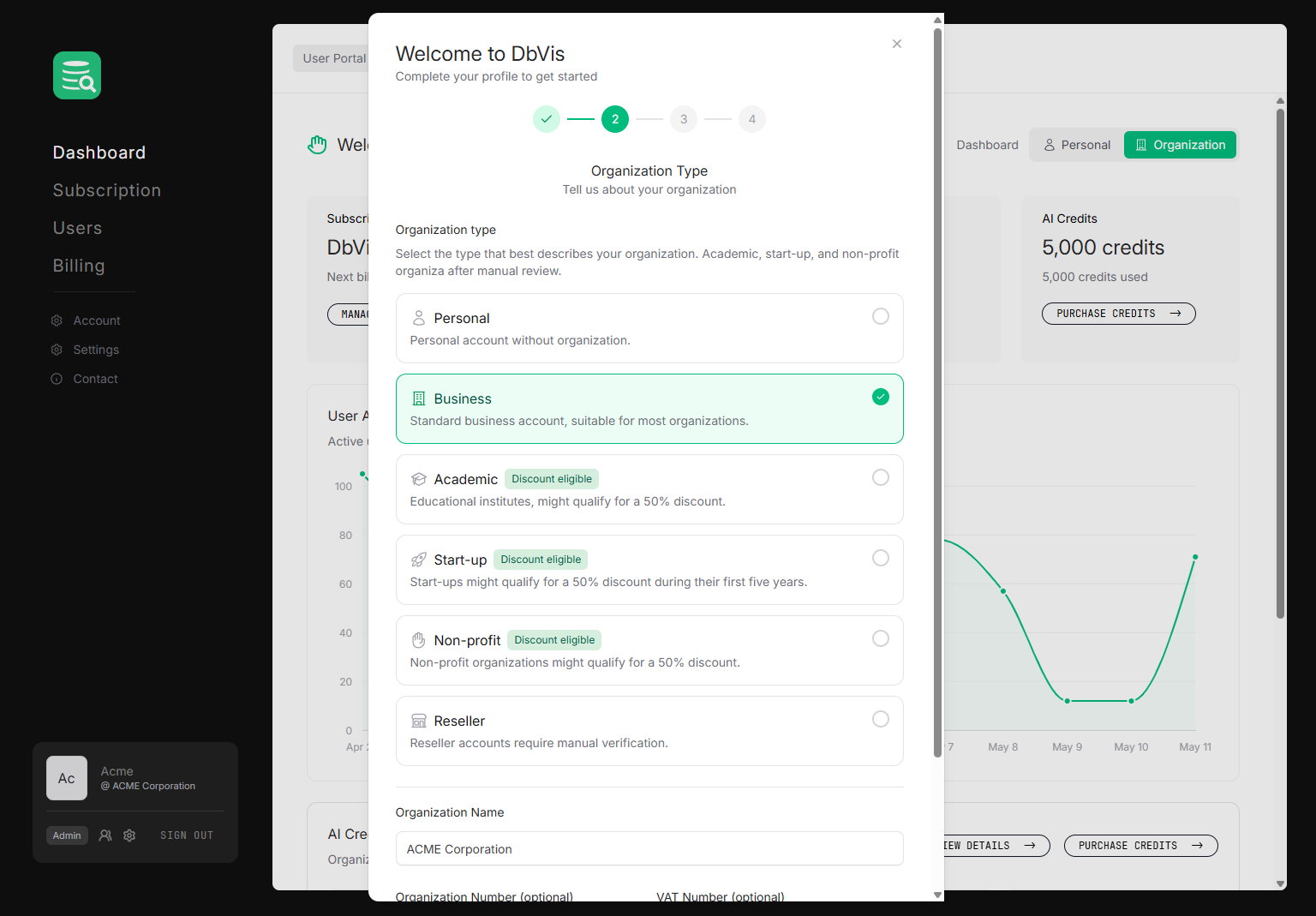 Onboarding Step 2: Organization Type, showing the type selector cards and the organization name field